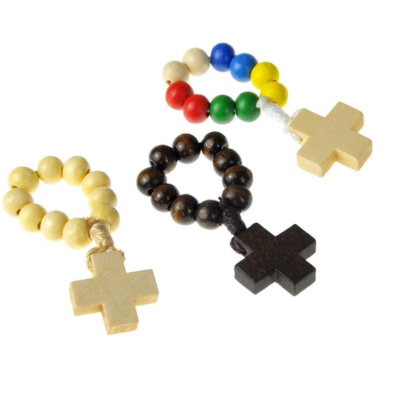 Natural Pine Wood Bead Finger Chain Rosary with Faith Symbol Handcrafted for Baptism and Individual Adornment