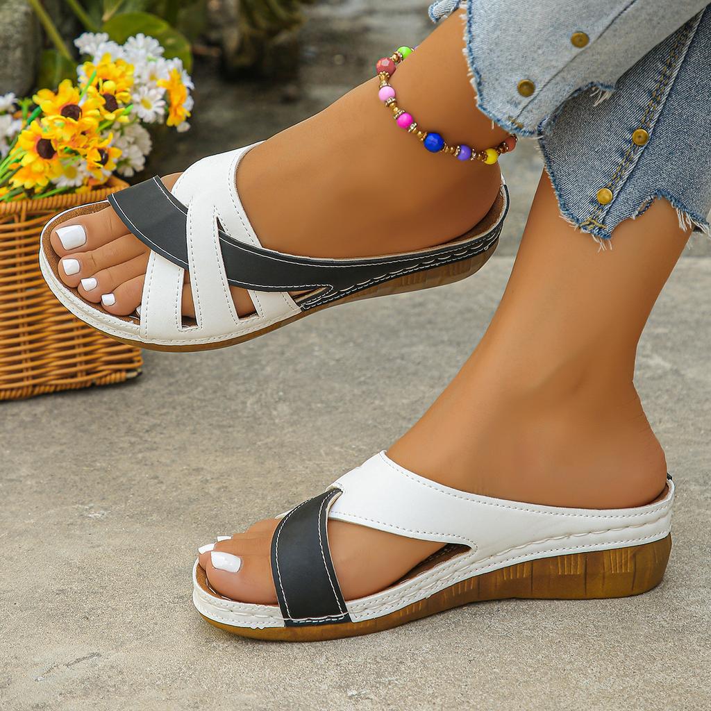 Sandals versatile color matching fish mouth one-word fashion style women's thick-soled wedge slippers