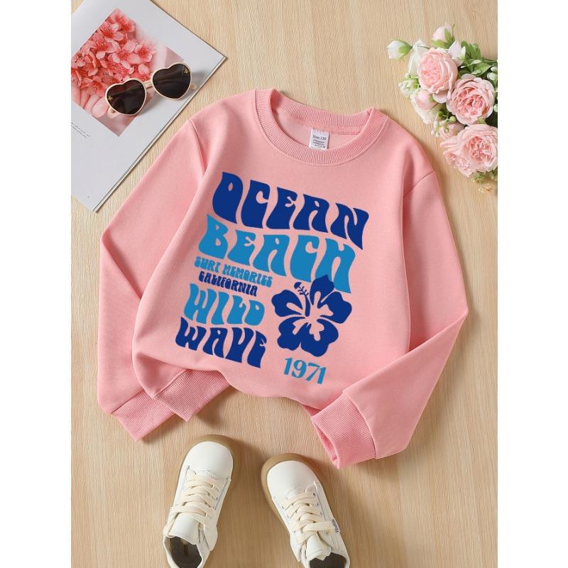 European Sizes Girls' Round Neck Fashion Sweatshirt, Ocean Beach Surf Memories California, Autumn Winter Trendy Print, Casual And Sporty.