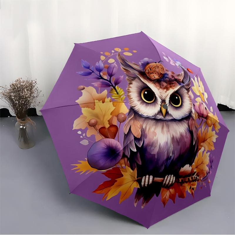 1pc Owl Autumn Automatic Open/close Umbrella, 8-Rib sturdy structure, Portable Travel Umbrella, Parties, Everyday Useb045