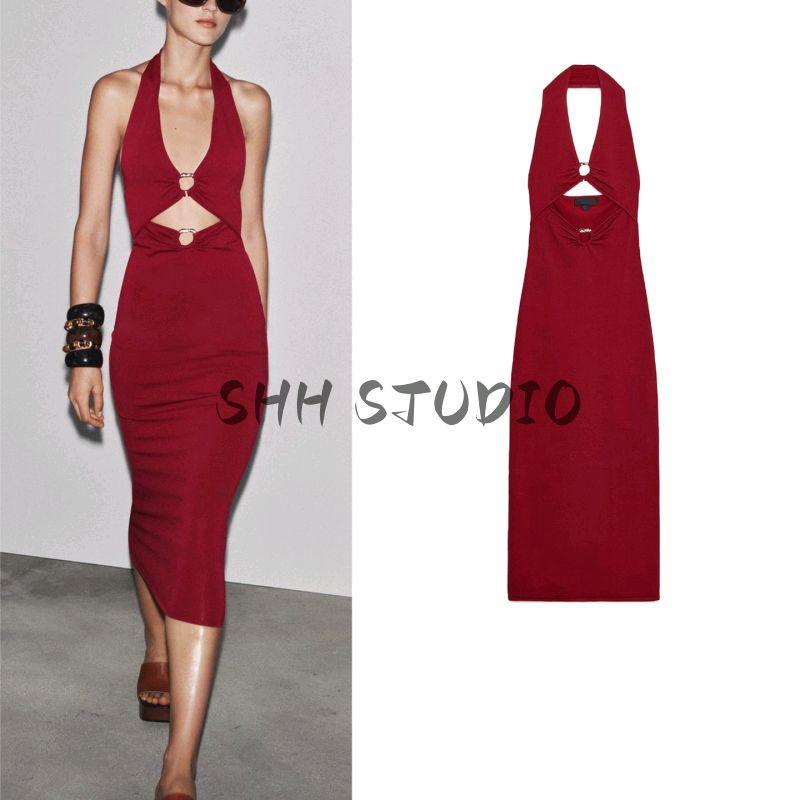 Summer Women's Clothing Ruched Decoration Open Back Hanging Collar Opening Design Knitting Midi Skirt Dress 4938020