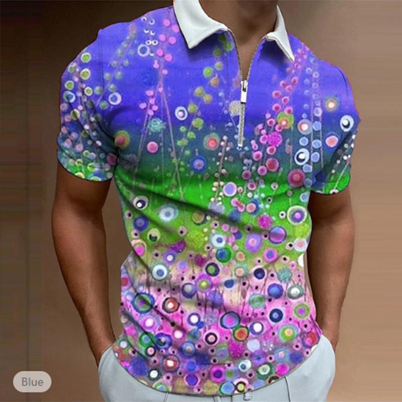 Casual Lapel T-shirt Young Men's Fashion Zipper T-shirt Short Sleeve T-shirt Men's 3D Flower Garden Graffiti Print T Shirt
