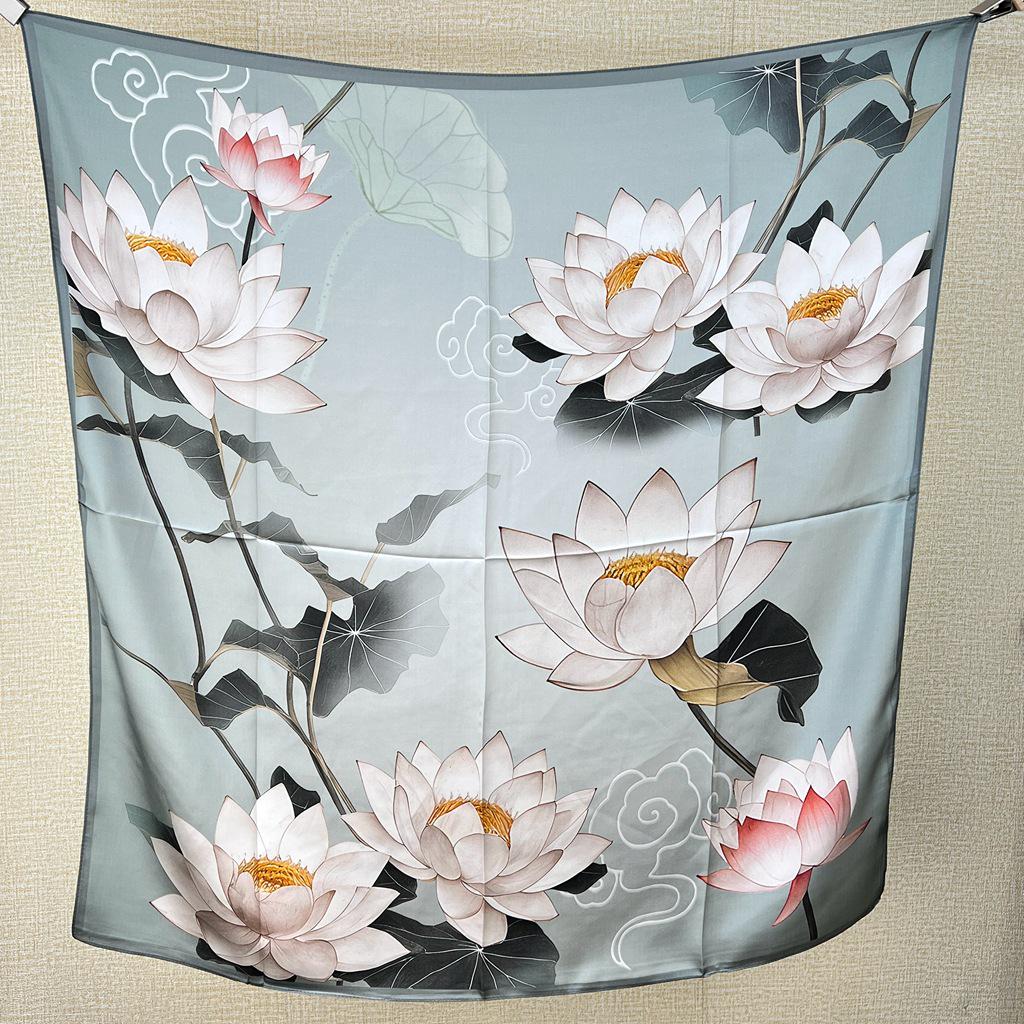 Guochao Lotus Landscape 100% Mulberry Silk Scarf - Versatile Women's Square Shawl