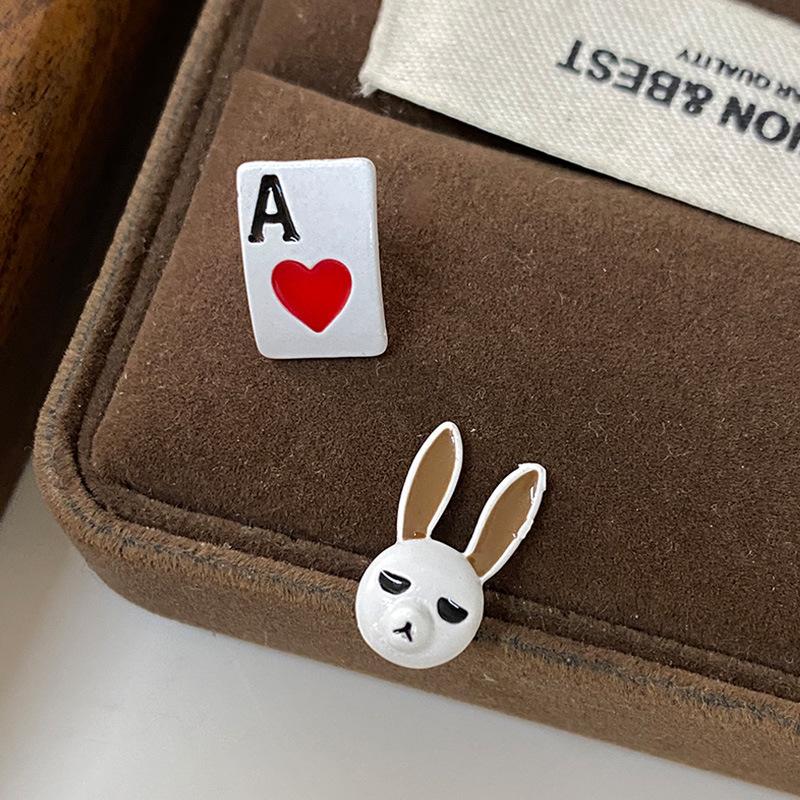 Hearts Love Stud Earrings Asymmetrical Design Sense Niche Earrings Animal Cute Cartoon Rabbit Playing Card Earrings Female