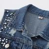 Women Denim Waistcoat Coat Top Crop Jean Vest Beading Pearl Sleeveless