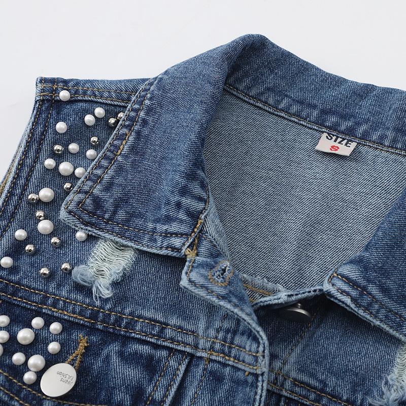 Women Denim Waistcoat Coat Top Crop Jean Vest Beading Pearl Sleeveless