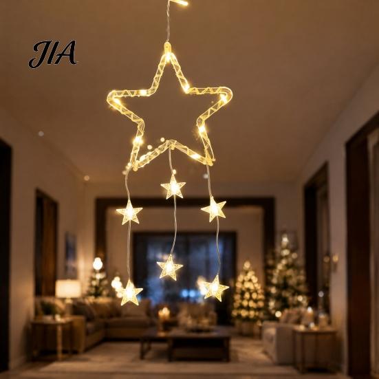 New Year Festive Atmosphere Light LED Christmas Window Star Decoration, Battery Operated Hanging Warm Indoor Outdoor Decorations Lighted Shaped