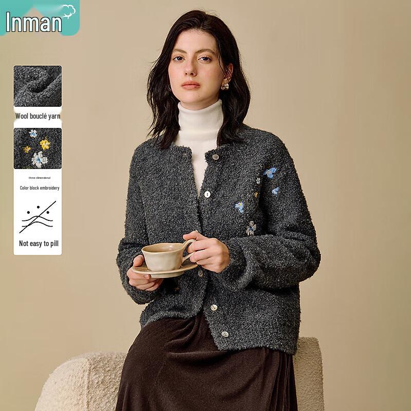 

Женский кардиган INMAN из шерстяного букле с вышивкой в стиле колор-блок L