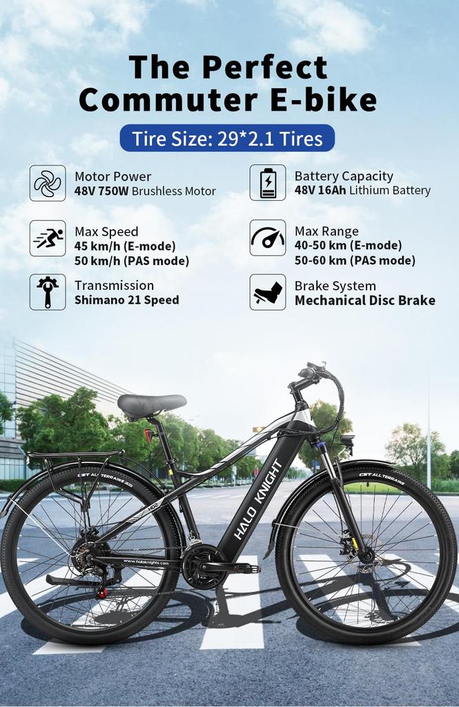 E-Bike Halo Knight H02 750W Motor 48V16Ah Akku 29" Reifen 45km/h Max. Geschwindigkeit 60km Max. Reichweite Shimano 21 Gänge