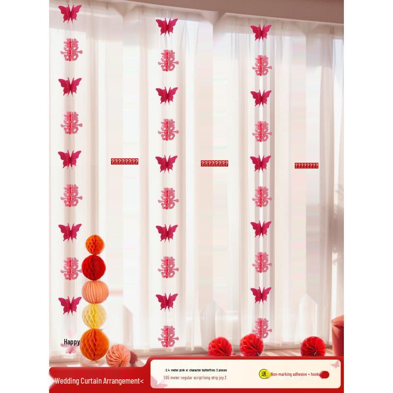 Wedding Room Decor Set: Double Happiness Curtains, Bay Window Trim, Bedroom Bows