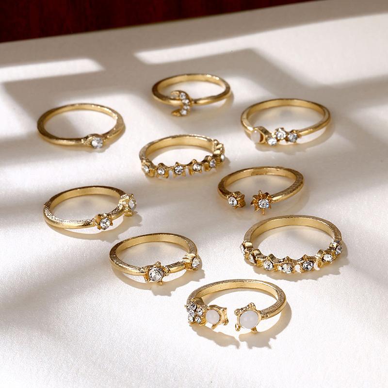 9Pcs Vintage Crystal Star Moon Rings Set Women Boho Finger Ring Fashion Jewelry
