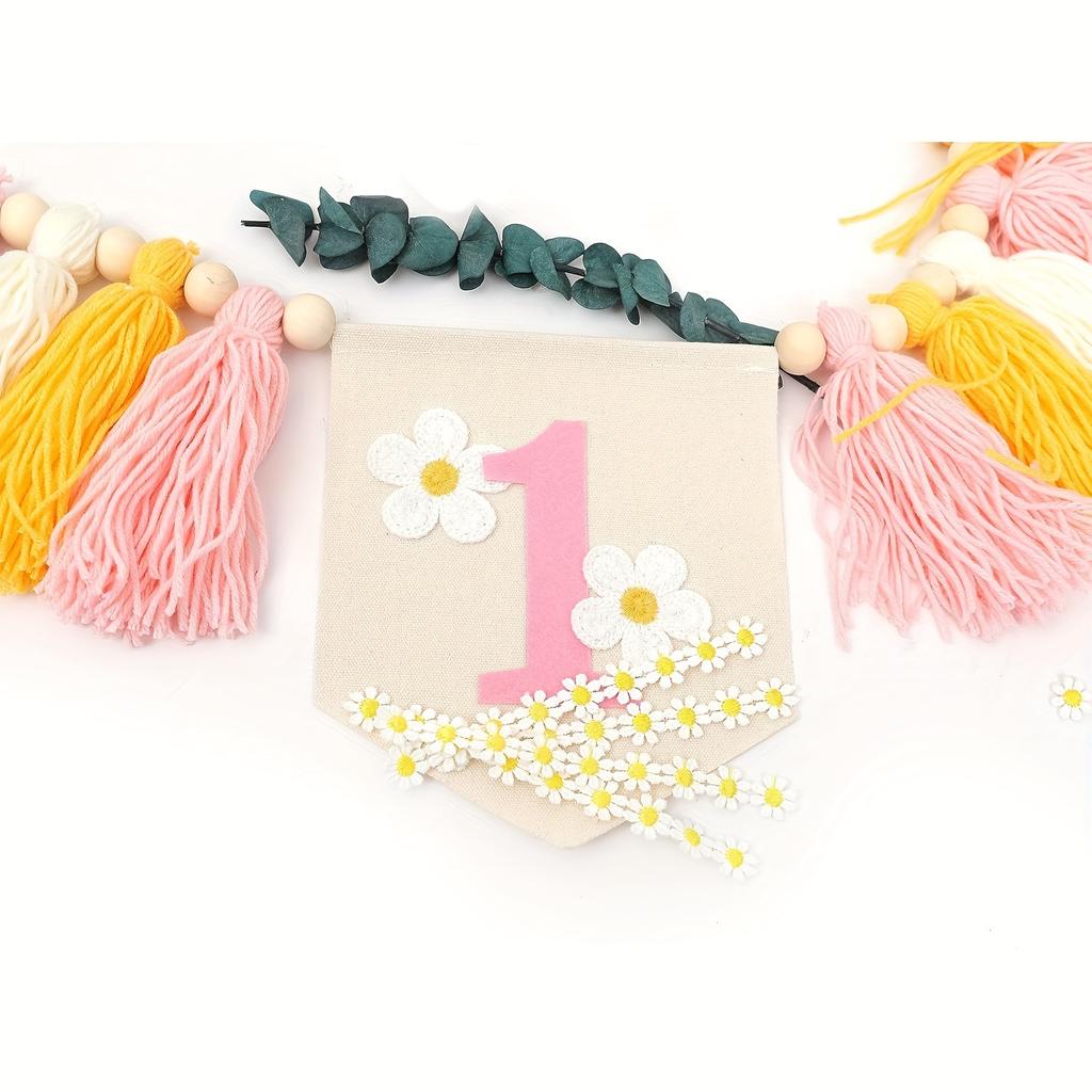 Daisy 1st Happy Birthday Banner Highchair Banner Tassels for Girl&Boy Birthday Party Decoration Baby Birthday Photo Props