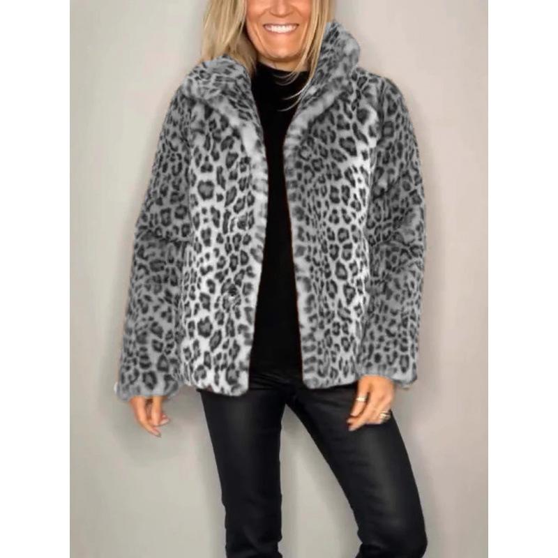 2024 Winter New Foreign Trade Women's Jacket, Best-Selling Fashionable Leopard Print Lapel Faux Fur Wool Top