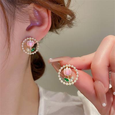 Romantic Pearl Flower Stud Earrings For Women Korean Enamel Sweet Tulip Flowers Exquisite Earrings Party Charm Jewelry