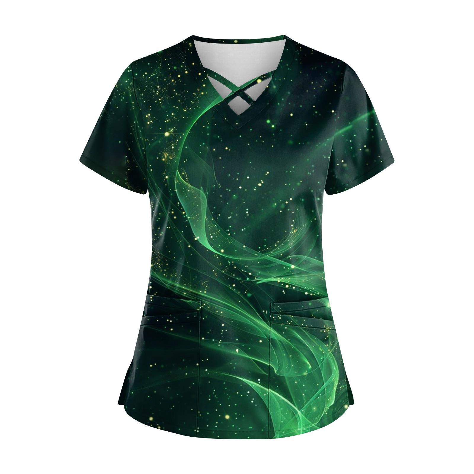 

Женская рубашка с короткими рукавами, крест-накрест, V-образным вырезом, пайетками, напечатанным карманом, униформа для сиделки, V-образный вырез, карман для сиделки L армия зеленый