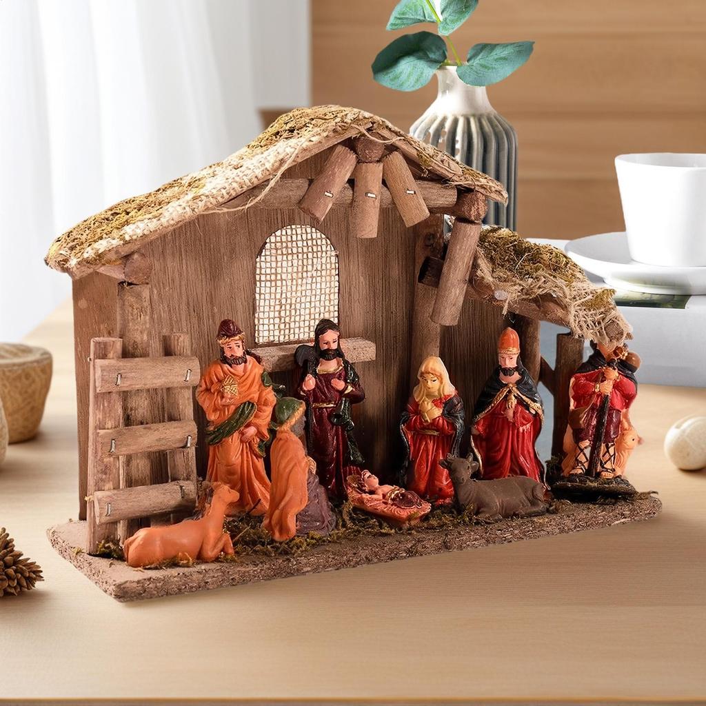 Nativity Scene Figures Religious Festive Miniature Figurine Set Jesus Manger And House Figure Ornaments For Windowsill Home