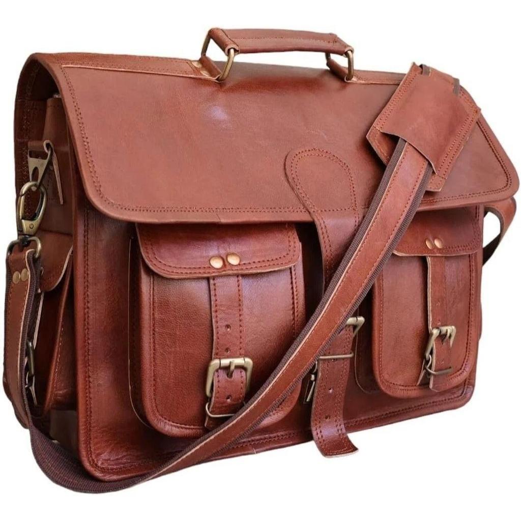 Men's Leather Vintage Dark Brown Messenger Shoulder Laptop Bag Briefcase