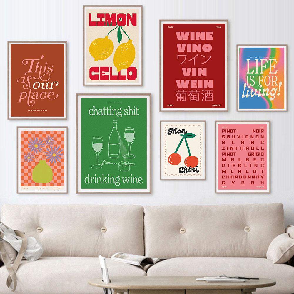 Retro Trendi Şarap Kokteyl Posterleri Limonlar Çiçek Mutfak Duvar Sanatı Baskıları Soyut Resimler Tuval Boyama Yemek Odası Dekoru İçin