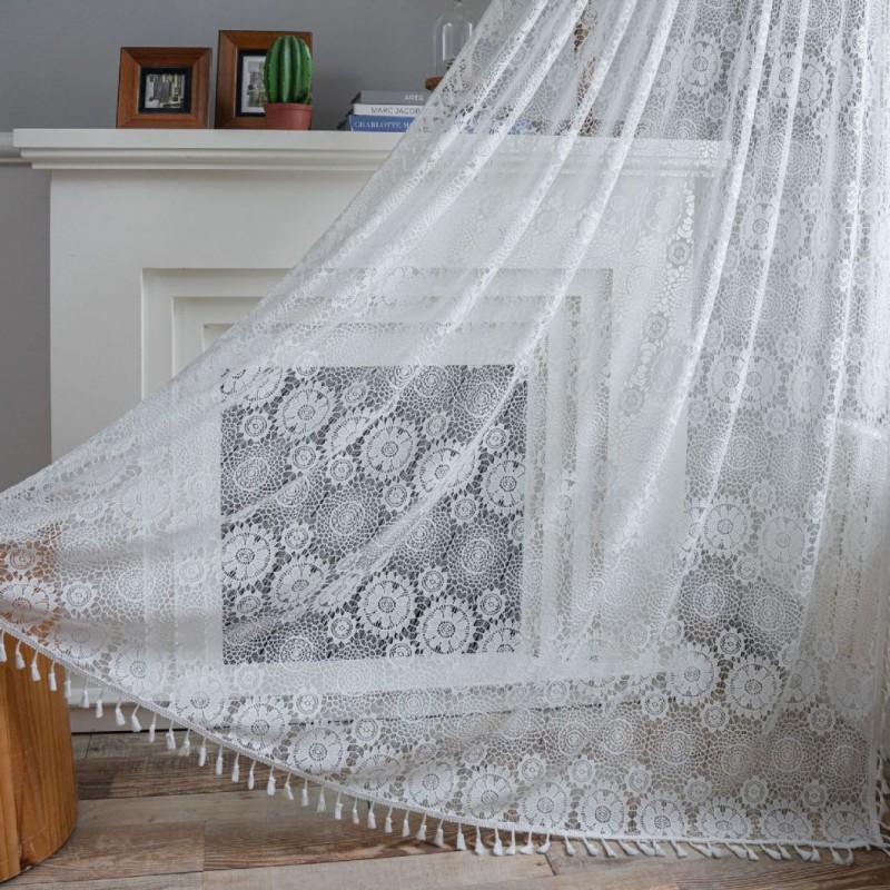 White Jacquard Sheer Curtain With Cutout Living Room Bedroom Dining American Country Style
