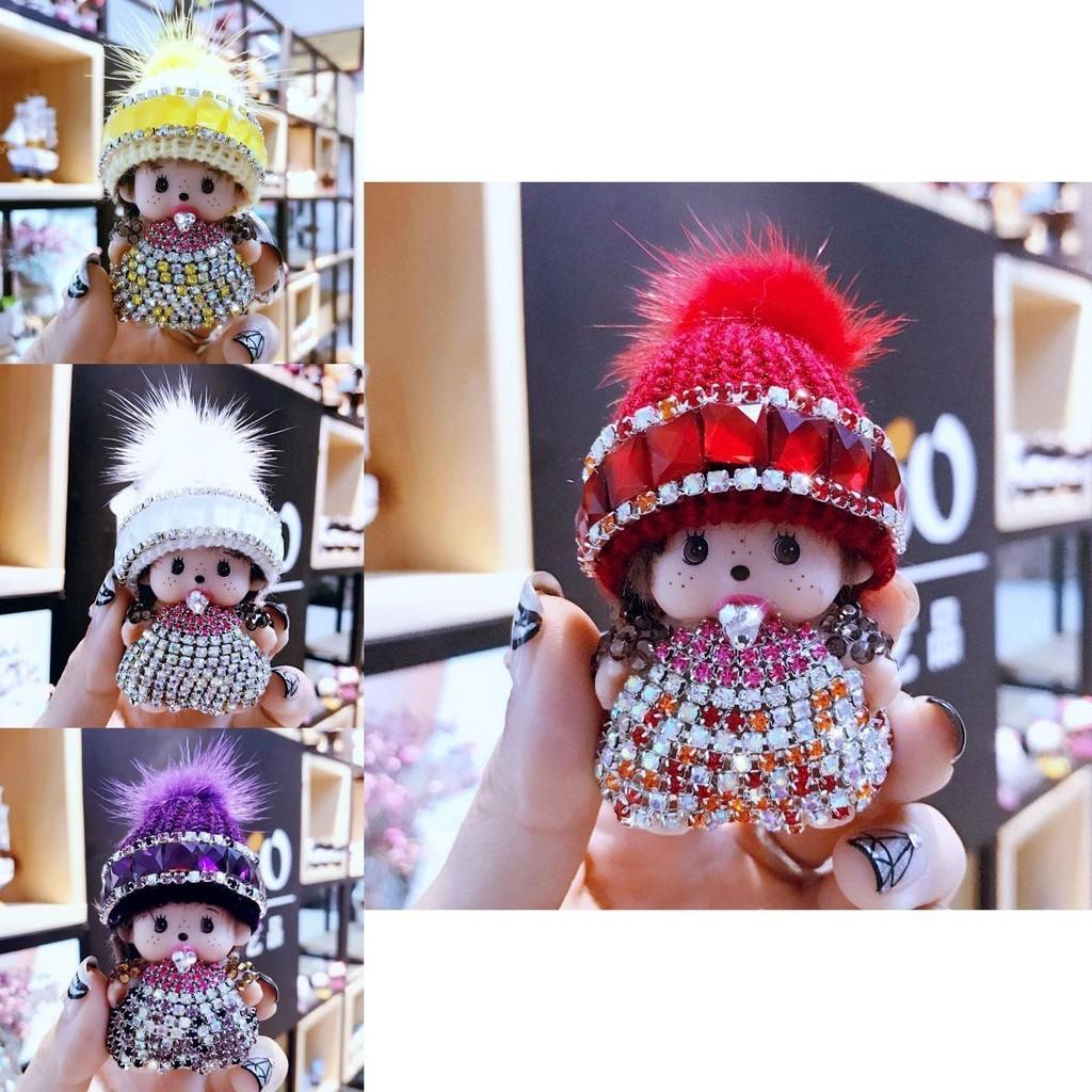 Mit Kristallen besetzter Monchhichi Schlüsselanhänger Strickmütze Nerz Anhänger Arcade-Preisaustauschgeschenk