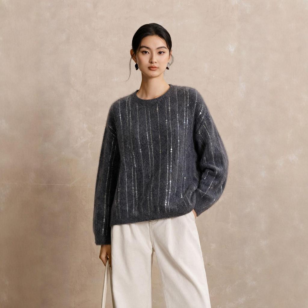 Women's Gray Sequin Stripe Round Neck Loose Knit Sweater - Autumn/Winter Style