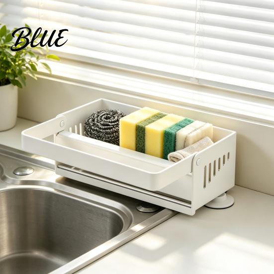 Kitchen Sink Cleaning Tool Storage Rack with Foldable Towel Rack Durable Carbon Steel Tray Suction Bar Holder Cup Fixation Sloped Drainage