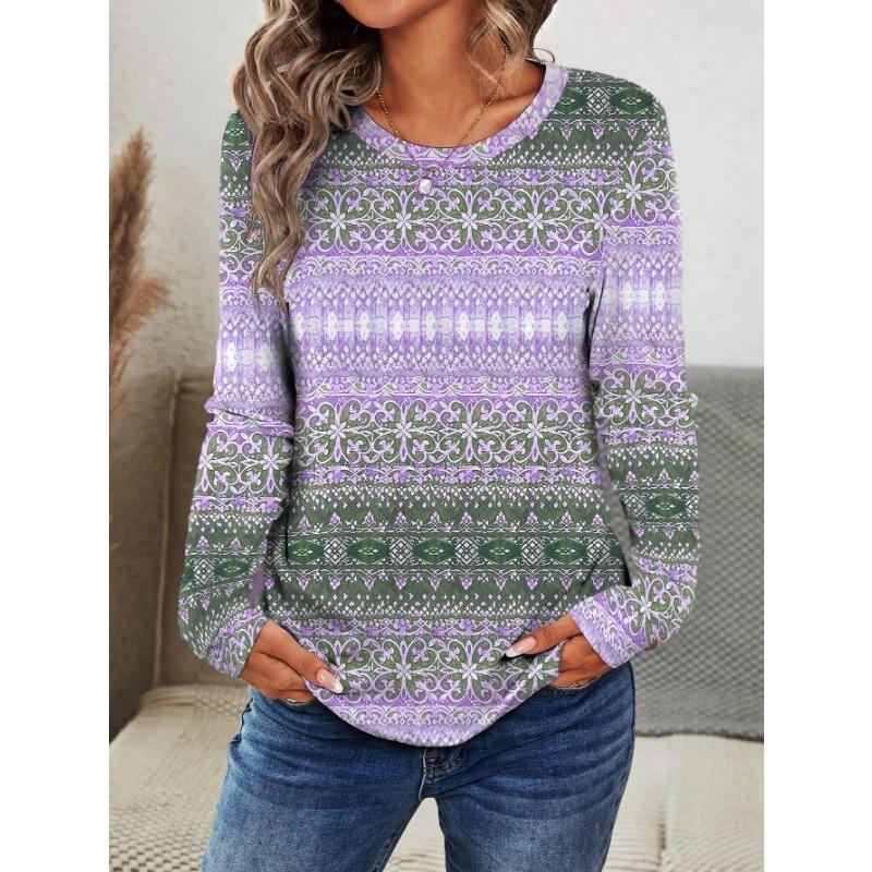 Women's T-shirt 3D Retro Ethnic Print Fashion Long Sleeve Round Neck Regular Top Holiday Weekend Spring Autumn