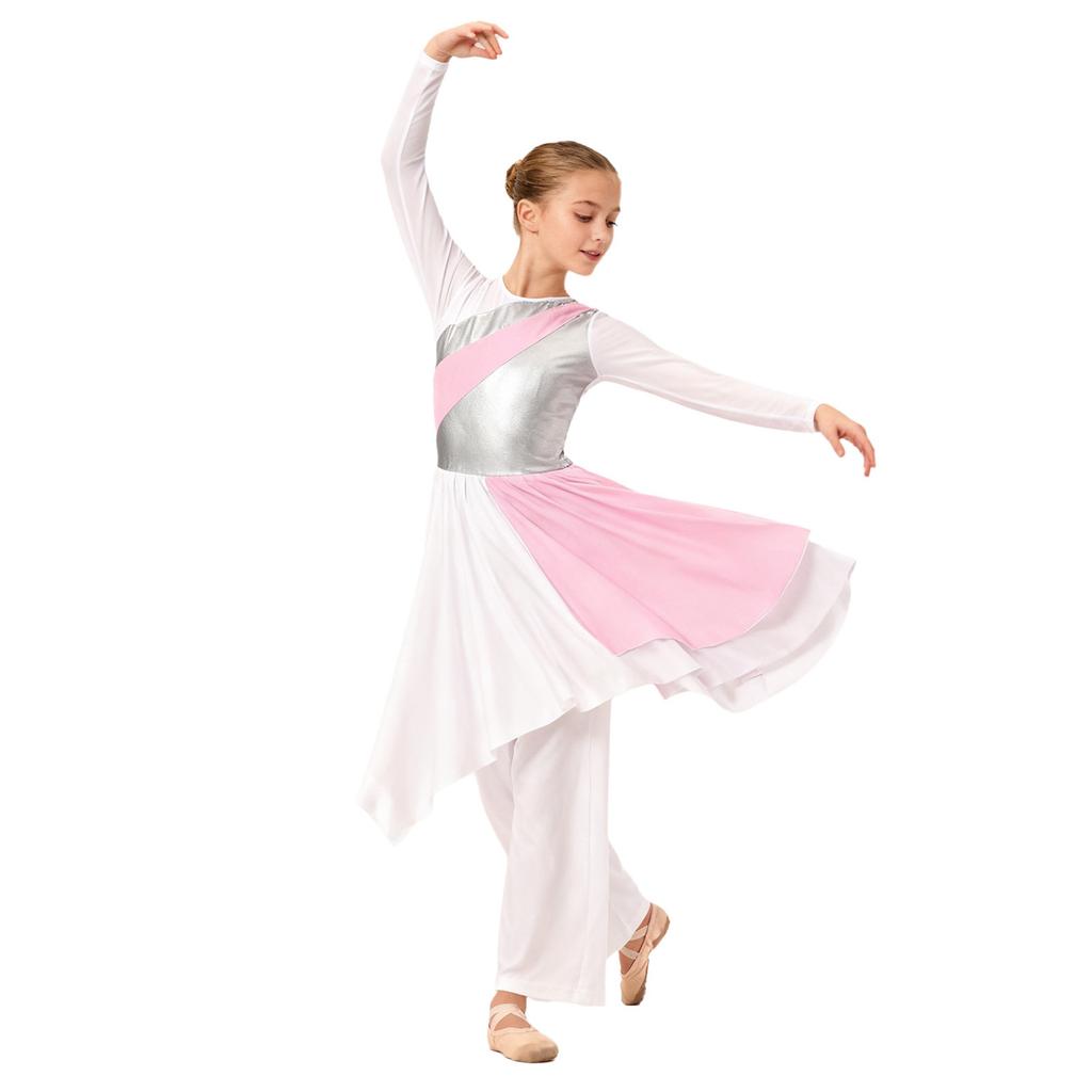 Girls Asymmetrical Hem Worship Dance Dress Elastic Waistband Pants Performance Set