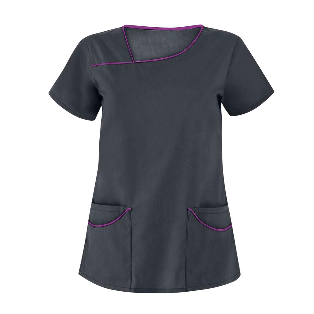 Women's Fashion Solid Short Sleeve Pattern Tops Pocket Working T-shirts