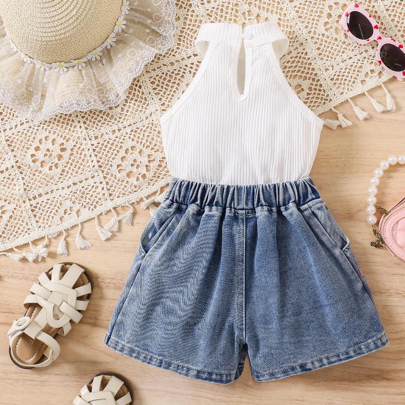 Dívčí módní set 2025 Léto Dětský ležérní jednobarevný top bez rukávů Džínové šortky s potiskem srdíček 2dílný set