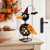 Fall Harvest Decorations Halloween Metal Crow Pumpkin Figurine, Wrought Iron Raven Statue with Witch Hat, Spooky Decor LED Candle Holder