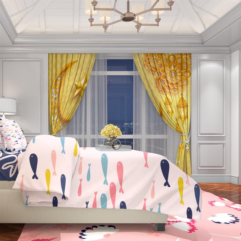 2PCS golden Ramadan auspicious (Lantern - Moon) Ramadan printing curtain polyester material suitable for bedroom living room,