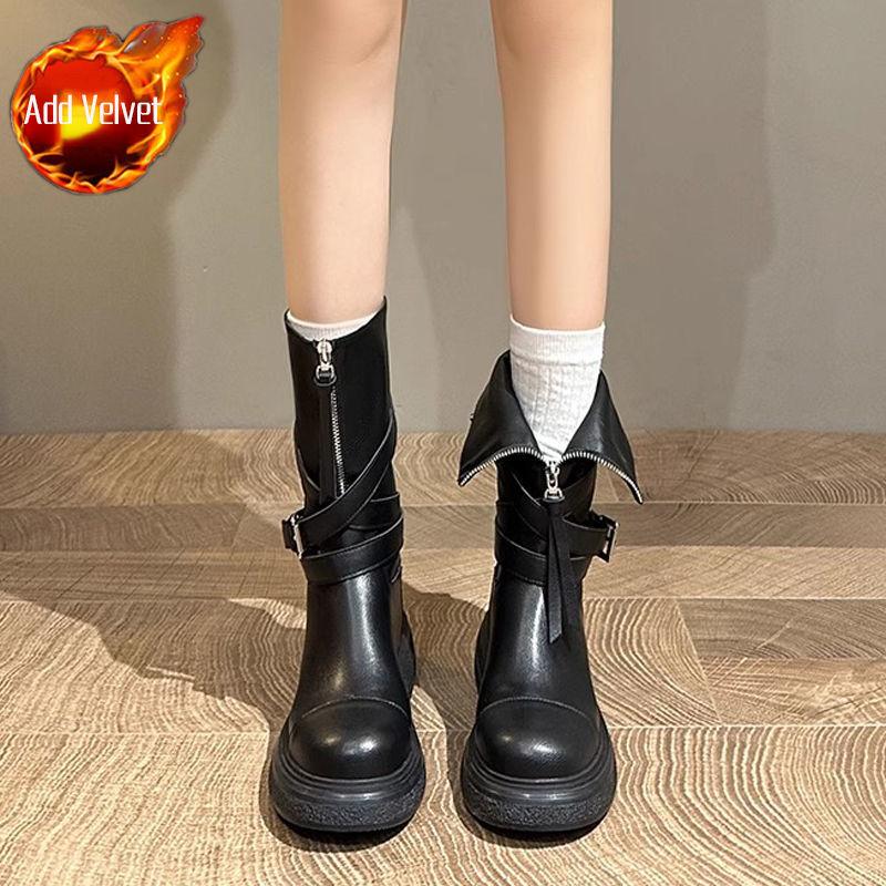 

Модная платформа кожа круглый носок на флисовой подкладке женские полусапоги до середины икры тренд 2025 косплей новинка готика Y2k женские полусапоги распродажа 40