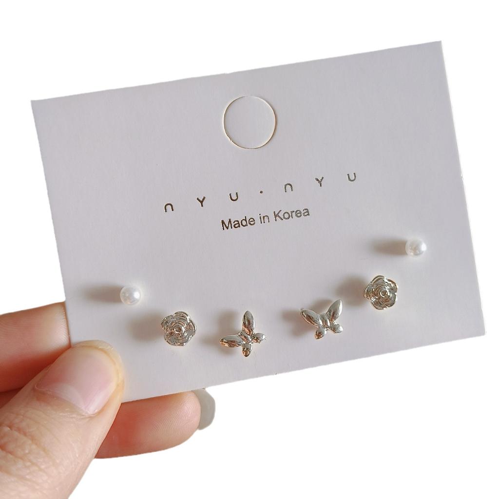 Niche Versatile Exquisite Small Butterfly Flower Geometric Suit Stud Earrings Female Tide Temperament Simple Daily Commute