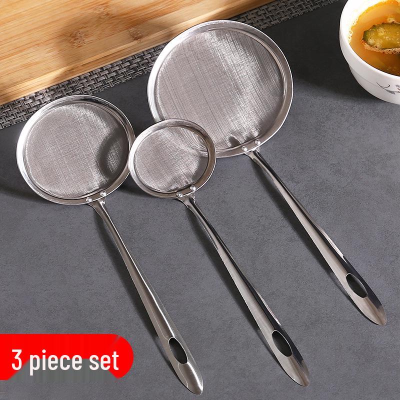 Stainless Steel Colander Set: Mesh Sieve, Oil Separating Spoon, Kitchen Strainer, Foam Skimmer.