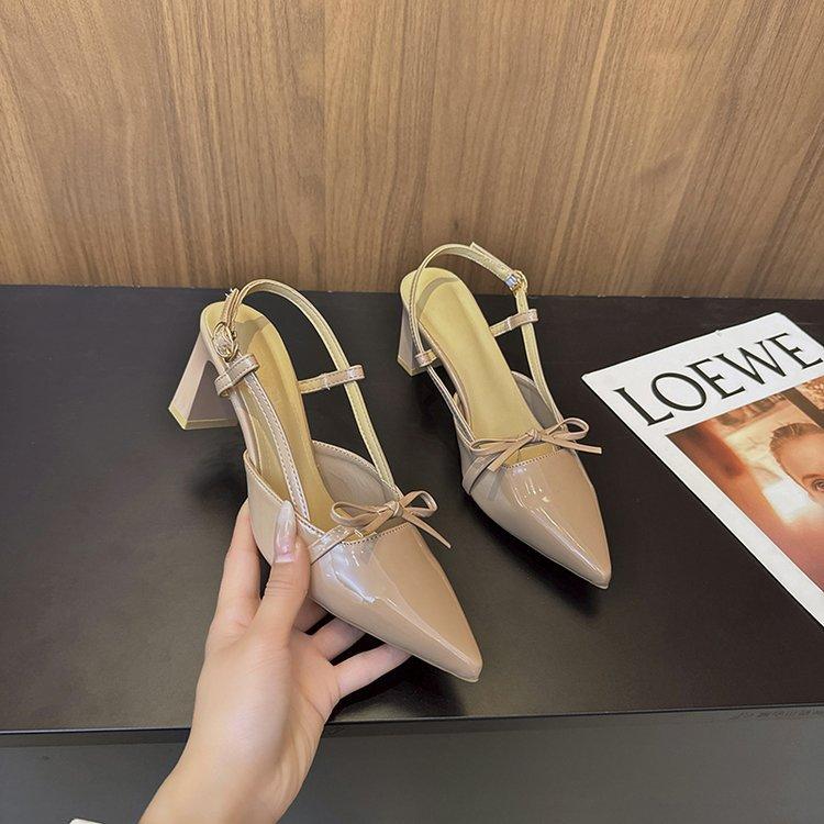 

Soft leather version~ French temperament pointed head bow not tired feet high heels fairy style thick heel bag head sandals 35 абрикосовый