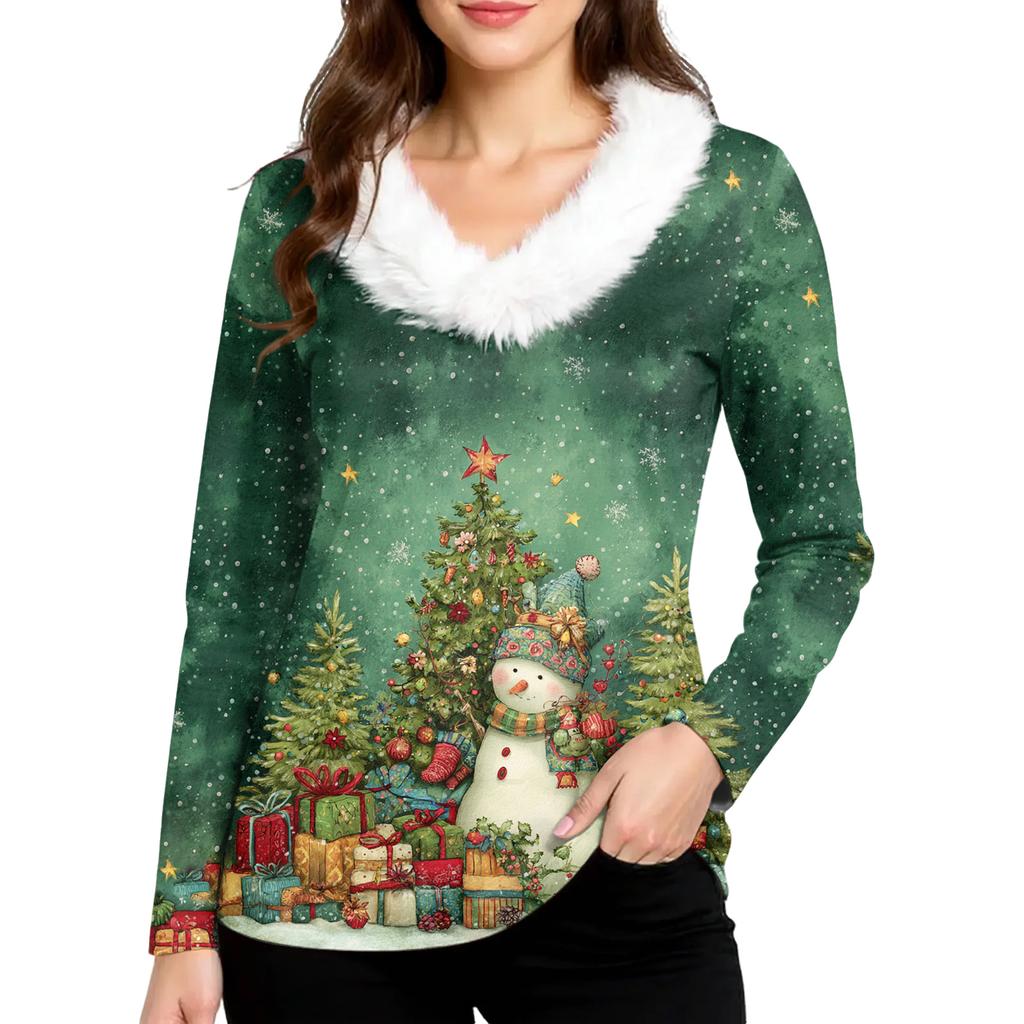 Women's Christmas Printed Long Sleeved Party Plush Neck V-neck Top
