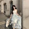 French Blue Strapless Dress for Women, Summer Design Niche, Super Fairy Princess Gown, Seaside Vacation Fairy Dress