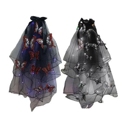 Delicate Glowing Skull Butterfly Veil Unique Halloween LED Veil Skull Butterfly Pattern Veil for Adult Costume Parties