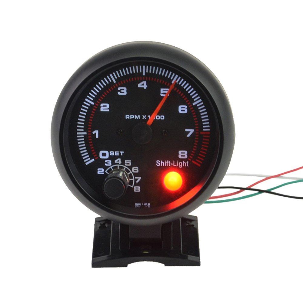Shkalacar 3.75" Car Universal Tachometer Gauge,Automotive Tachometer Kit White Inter Shift Light 0-8000 RPM