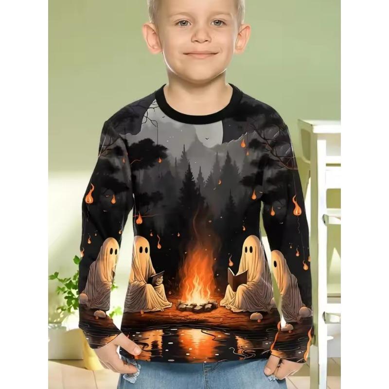 Halloween Boys T-Shirt Pumpkin Print Autumn Long Sleeve T-Shirt Casual Children's Tops Outdoor Comfortable Children's Clothing