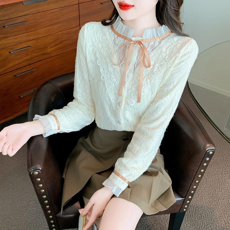 New 2024 Fashion Winter Long Sleeve Lace Up Ruffled Collar Slim Ruffles Velvet Lace Blouse Shirt Women Tops Blouses Shirts J799