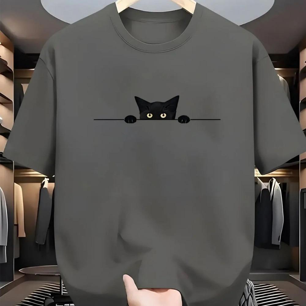 Men'S Casual Black T-Shirt with Cute Cat Design Soft Polyester Short Sleeve Summer Fashion Essential for Casual Attire Tops