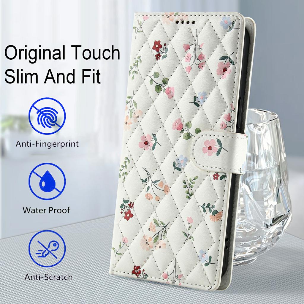 For Samsung Galaxy A25 5G (Global) (161.0 x 76.5 x 8.3mm) Wallet Case Rhombic Floral Design Leather Flip Phone Cover with Strap