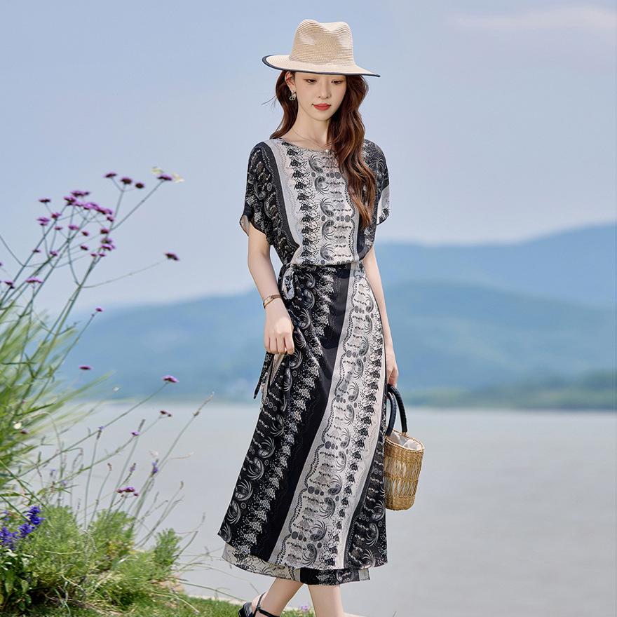 

Summer new light mature temperament thin printed dress elegant fashion knee vacation short-sleeved skirt women M чорний