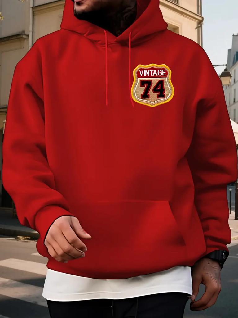 Vintage 74 Graphic Print Fleece-Lined Hoodie - Red Casual Pullover Sweatshirt