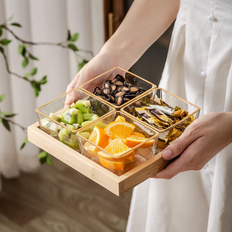 Ru Han Glass Divided Serving Platter with Wooden Tray
