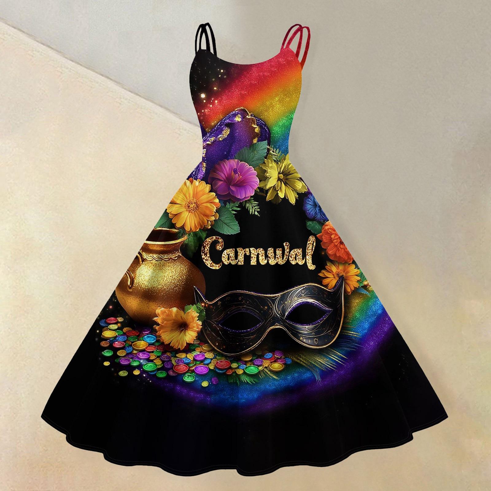 Women s Casual Fashion Carnival Printed Round Neck Retro Dress L