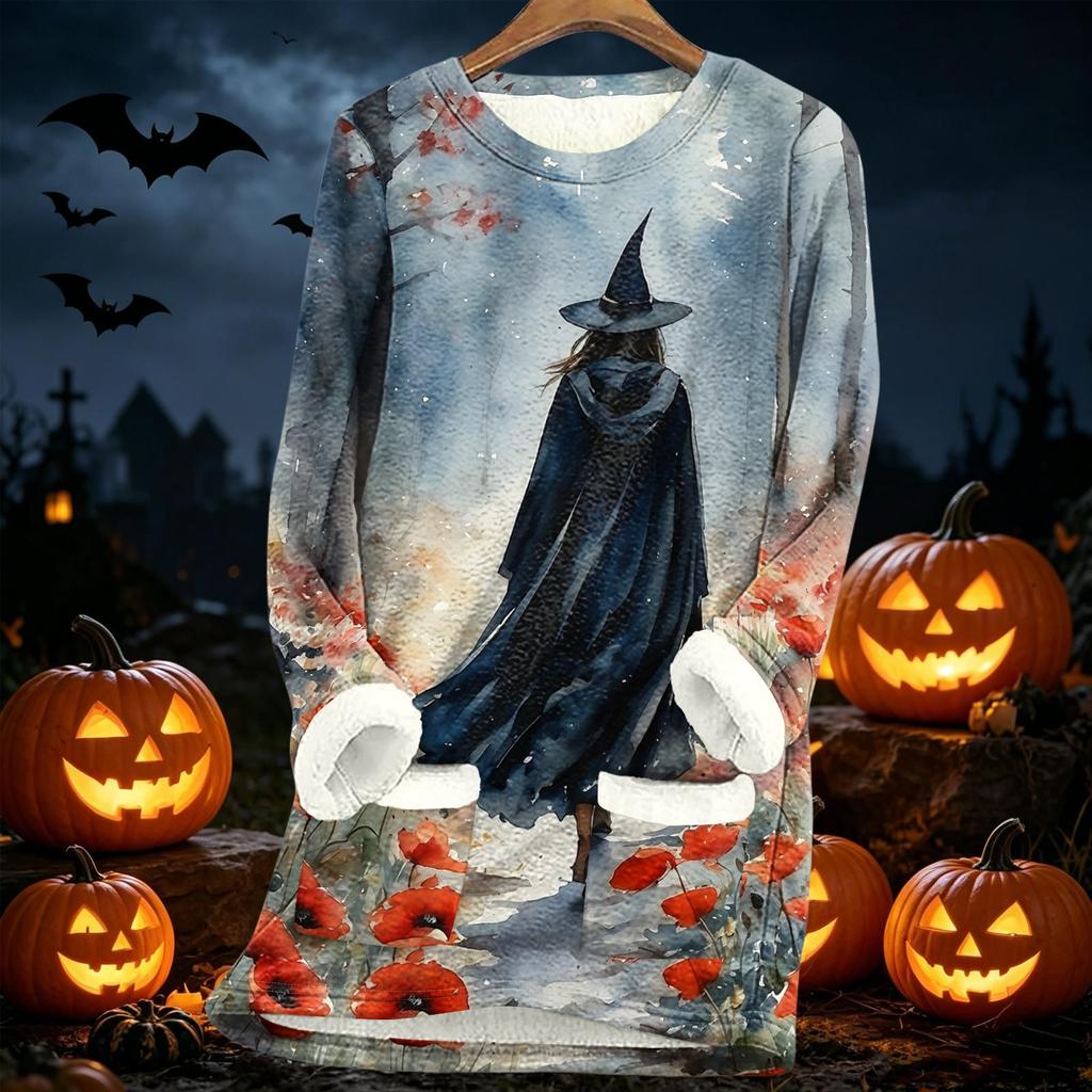 Women's Halloween Print -Lined Long Jacket for Fall and Winter Warmth