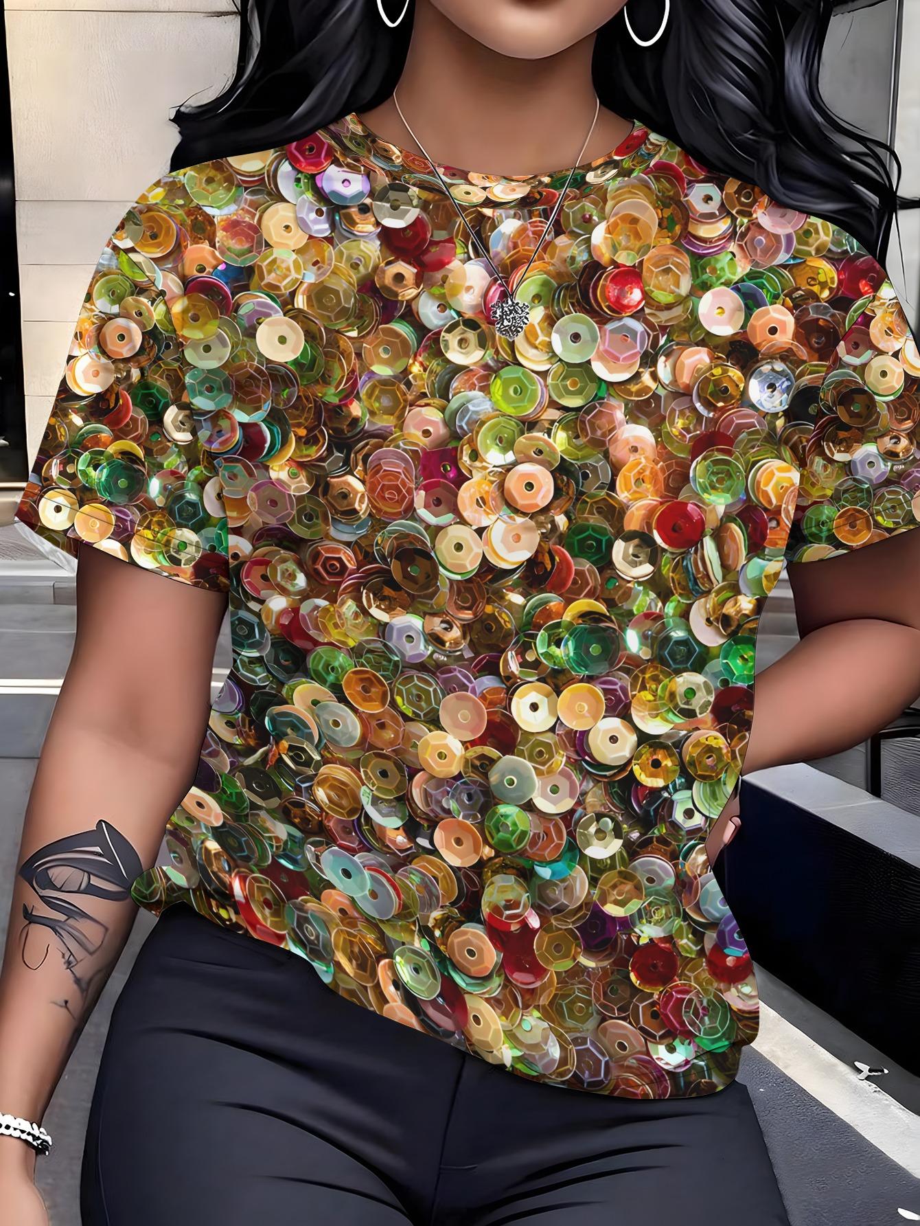 

Iridescent Sequin Print T-Shirt. Party Hot Style Short Sleeve Top. Women S Short Sleeve T-Shirt. a Must-Have Item for Fashionistas. The Perfect Gift M